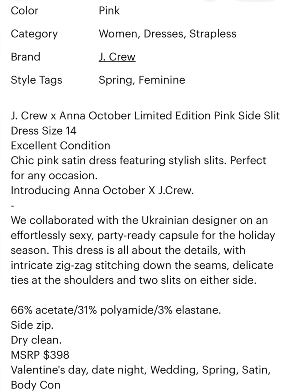 🎀 J. Crew x Anna October Limited Edition Ballet Pink Satin Stretch Pin Up 14 - Picture 11 of 11